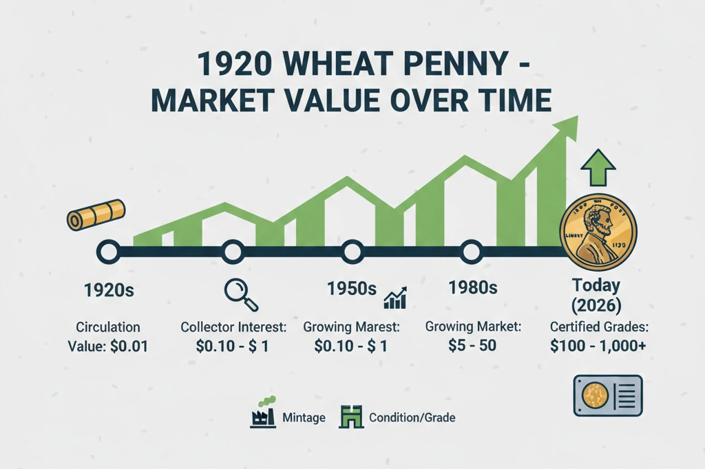 Timeline graphic showing market changes for a 1920 Wheat penny