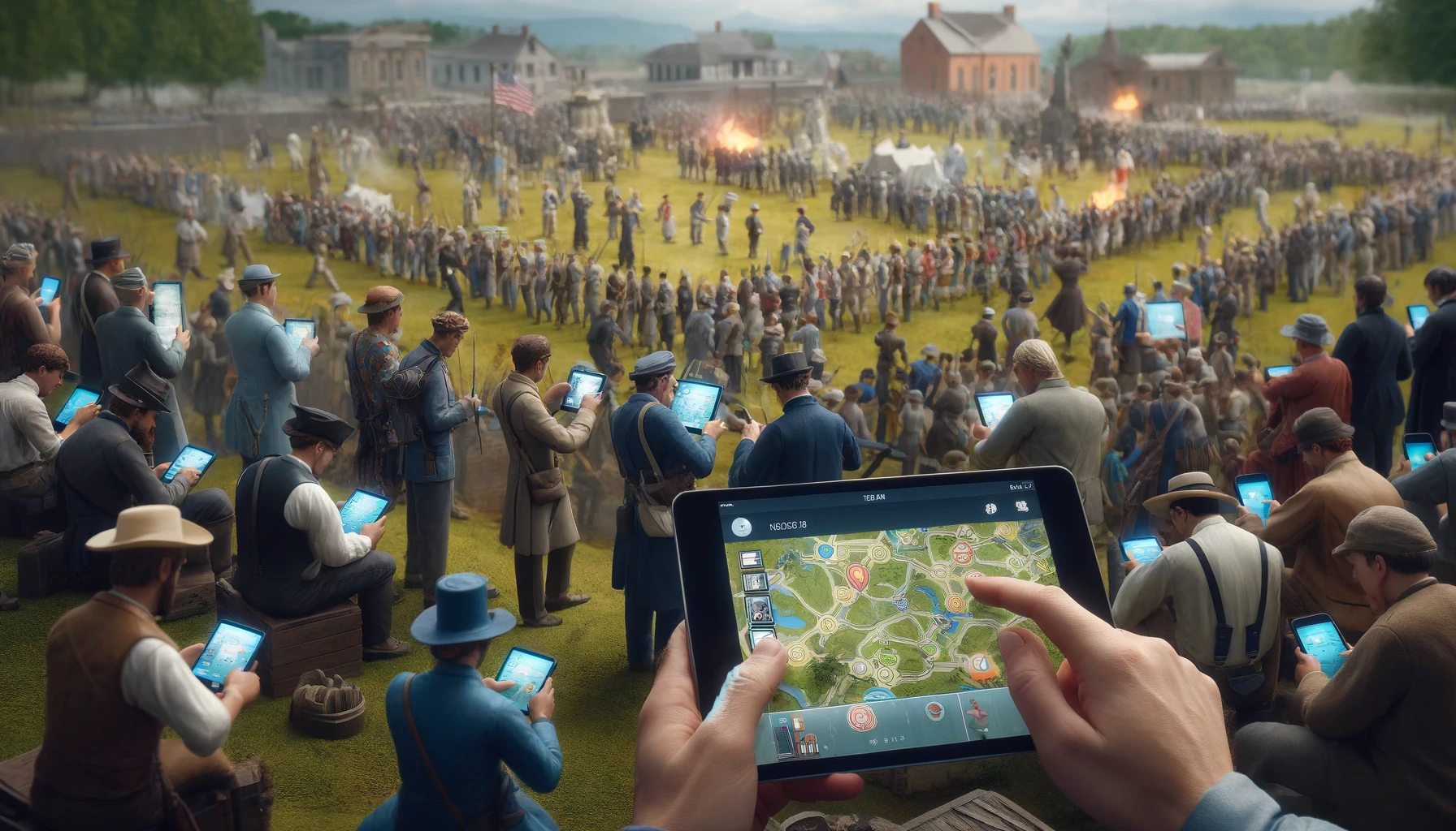 a historical miniatures event in progress, with participants using smartphones and tablets to navigate a custom interactive map displayed on their screens.