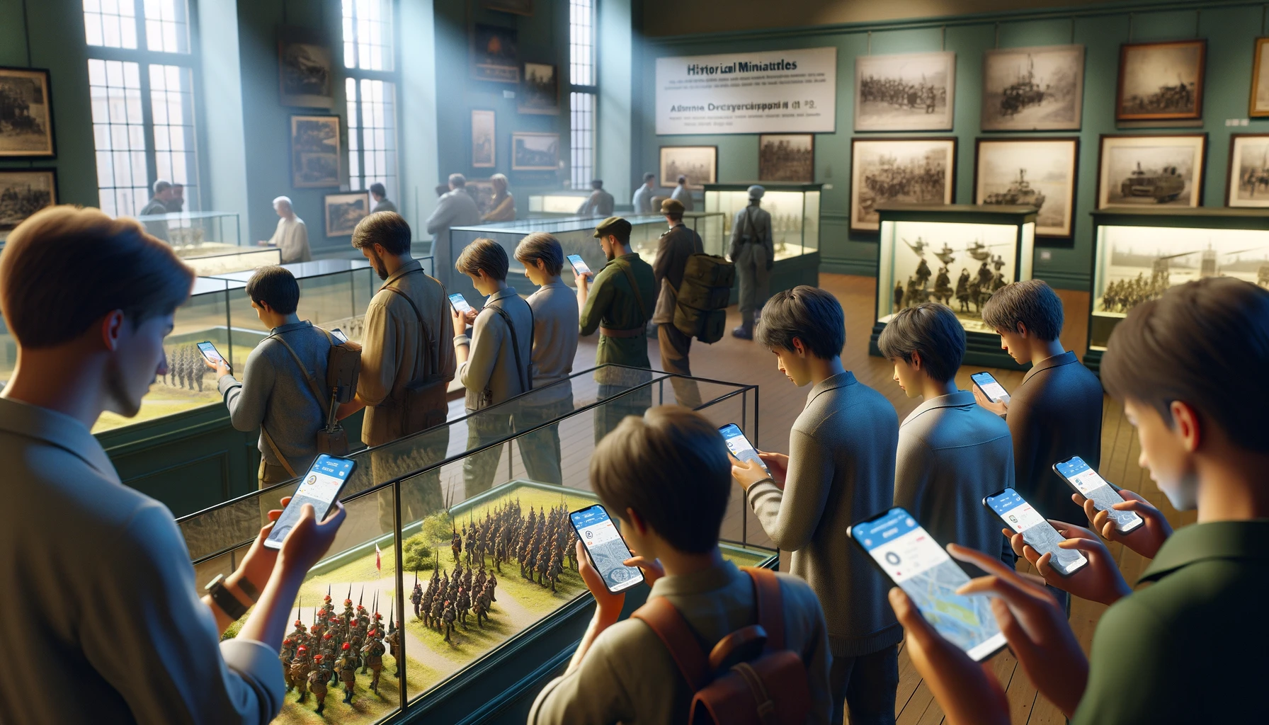 a group of attendees at a historical miniatures event inside a museum.