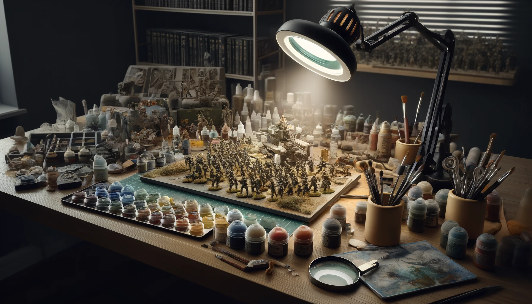 a desk covered with neatly arranged supplies including various brushes, an array of finely detailed paints, and several miniature figures in different stages of being painted.