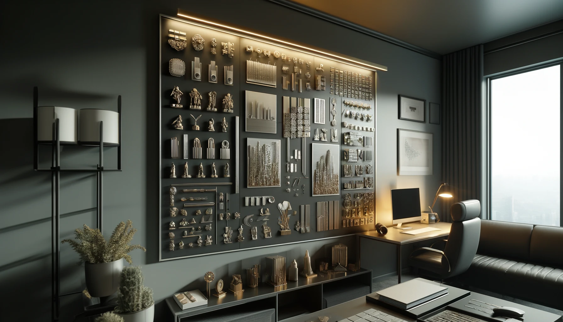 a creative miniature storage solution featuring magnetic display boards in a stylish home office.