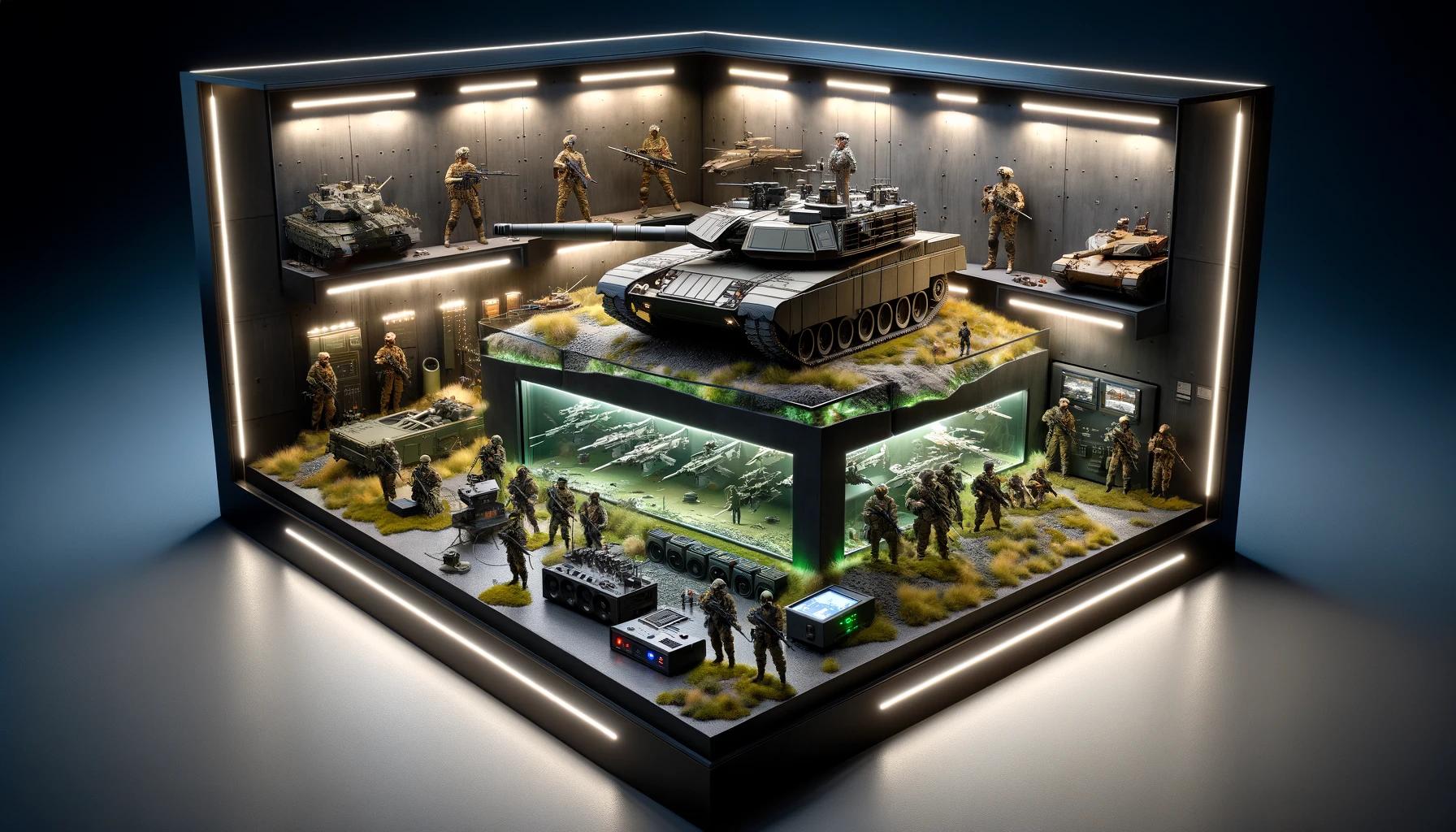 a custom display setup for modded military miniatures, featuring a sophisticated diorama with integrated LED lighting and miniature sound systems.