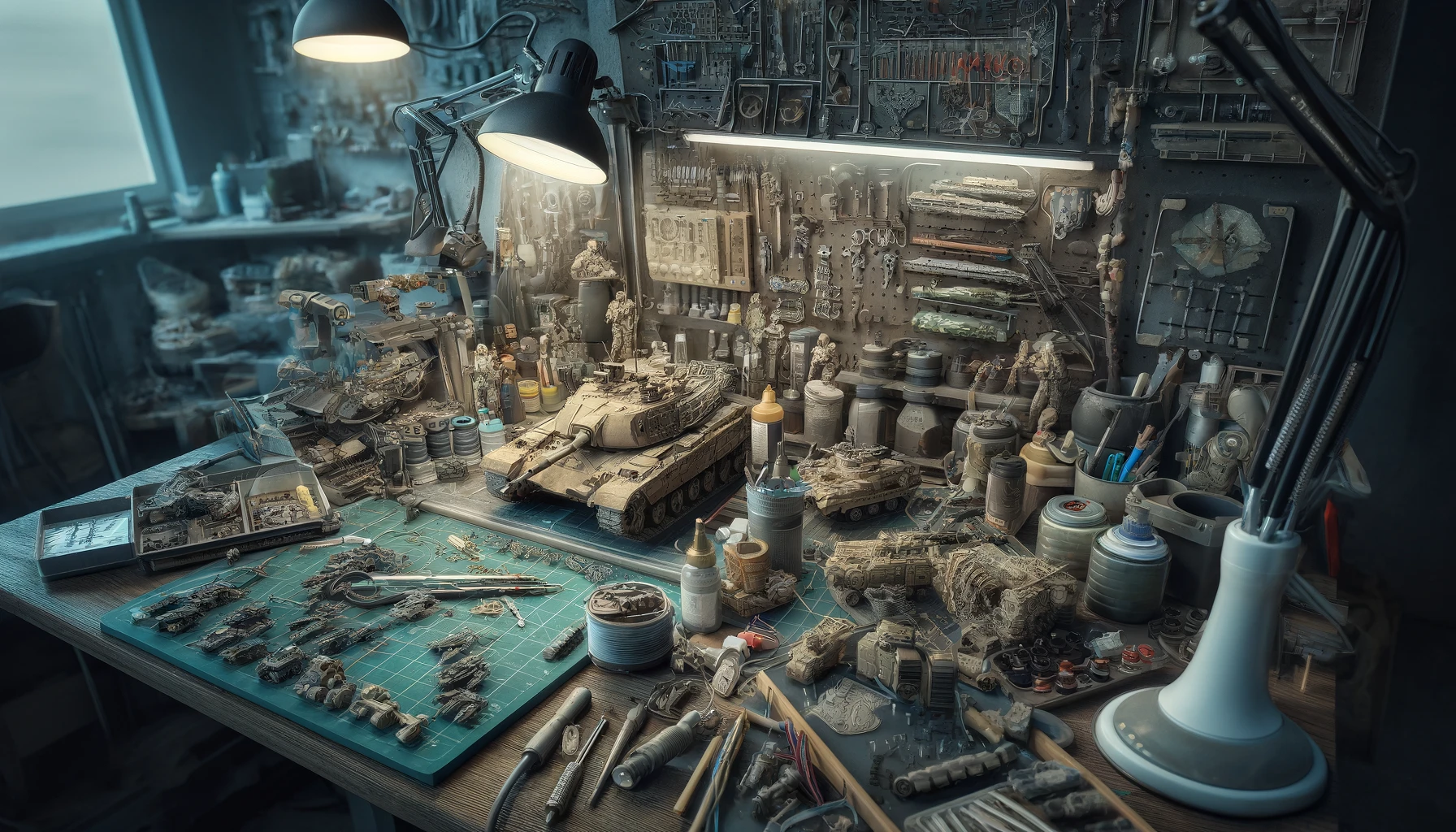 an advanced modding workshop for military miniatures, showing a detailed workbench cluttered with various tools and materials for miniature modification.