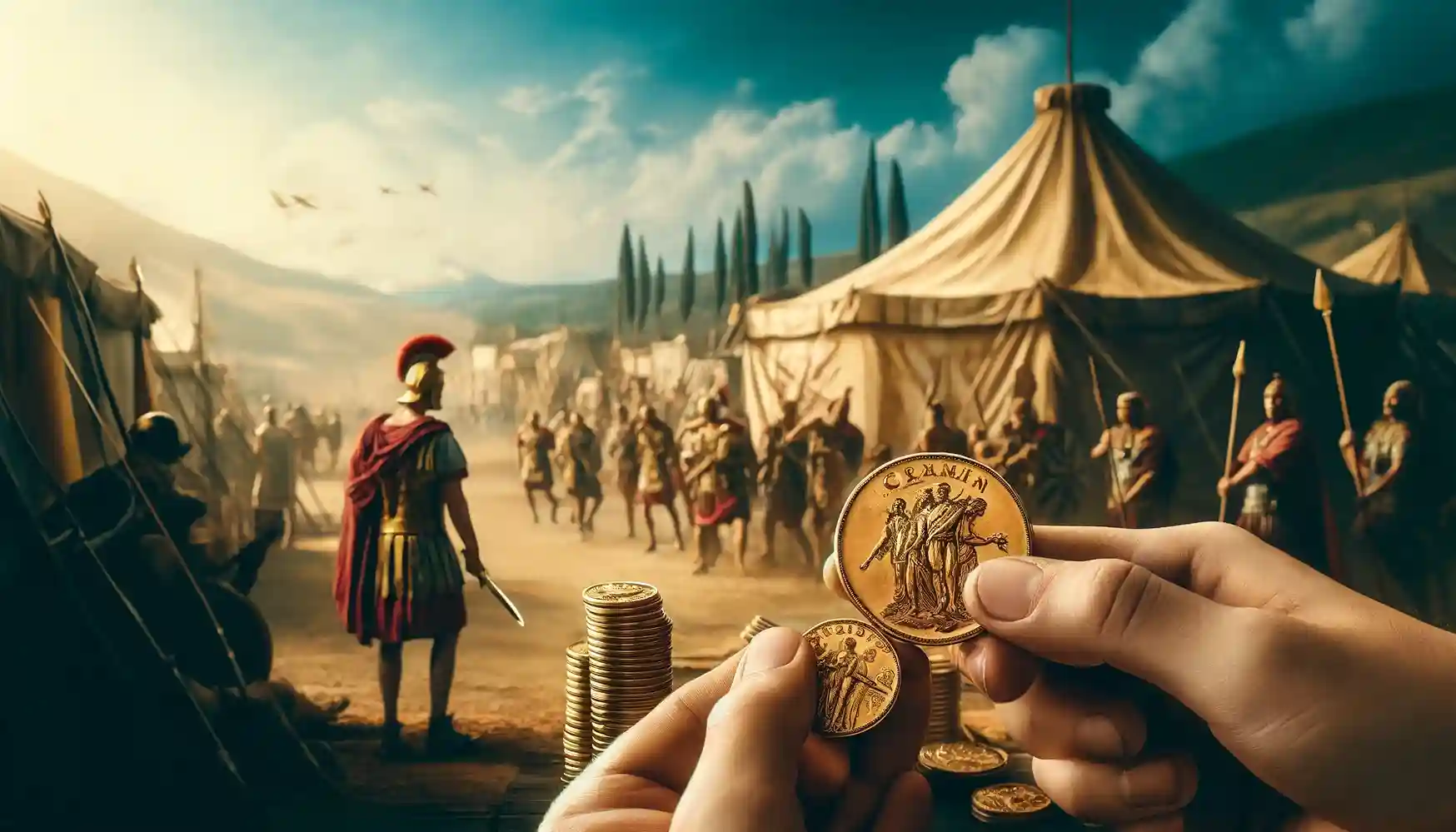 An ancient Roman soldier receiving gold aureus coins as payment, with a backdrop of a Roman military camp.