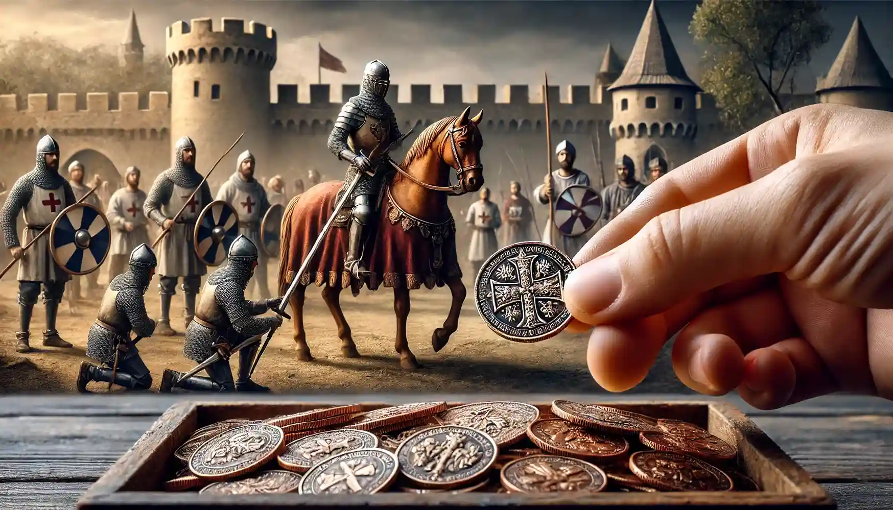 A medieval knight receiving coins as payment for participating in a Crusade, with a historic backdrop featuring a castle and soldiers preparing for battle.