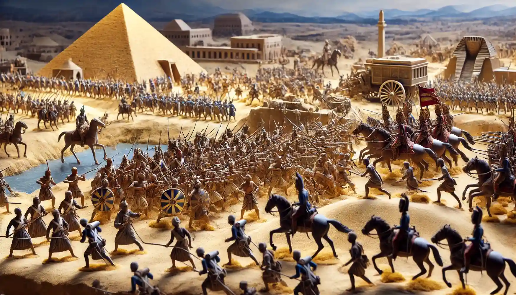 military miniatures from various historical periods, including ancient Egyptian warriors and Napoleonic soldiers, arranged in a dynamic battle scene.