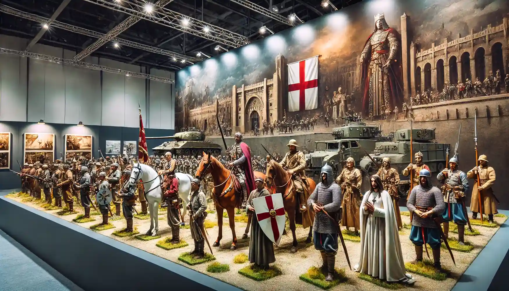 military miniatures at a convention, featuring models from different eras like medieval knights, World War II soldiers, and futuristic warriors, set against themed backdrops to enhance their historical context.