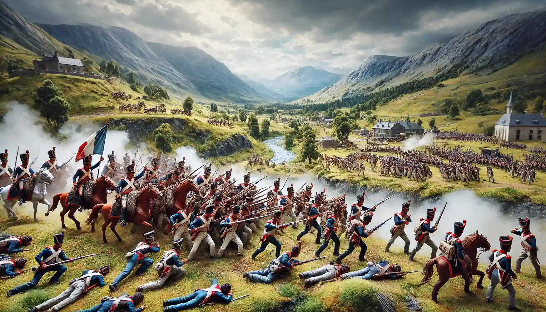 an expertly crafted diorama depicting a dynamic Napoleonic War battle scene, with military miniatures in historically accurate uniforms strategically positioned on a realistically detailed European battlefield.