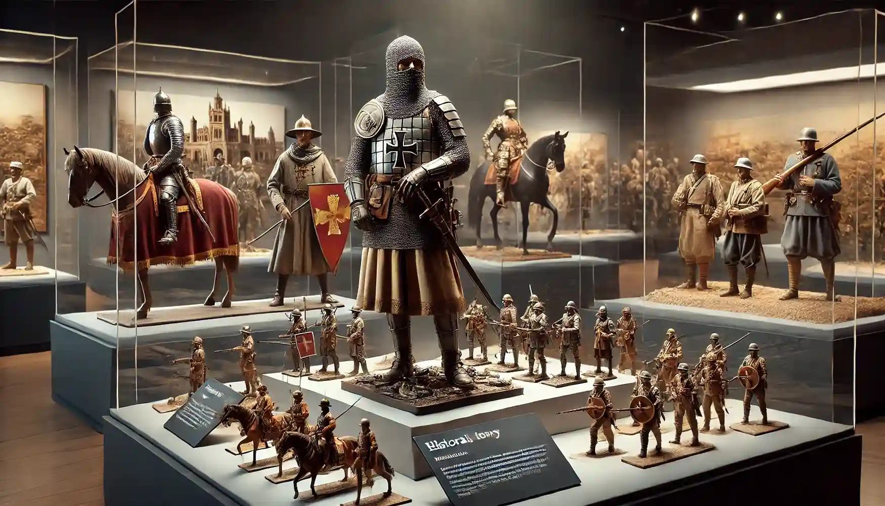 a museum exhibit that displays a variety of military miniatures from different historical periods, such as medieval knights and World War II soldiers. The exhibit is elegantly lit and includes informative placards providing historical context for each set of miniatures.