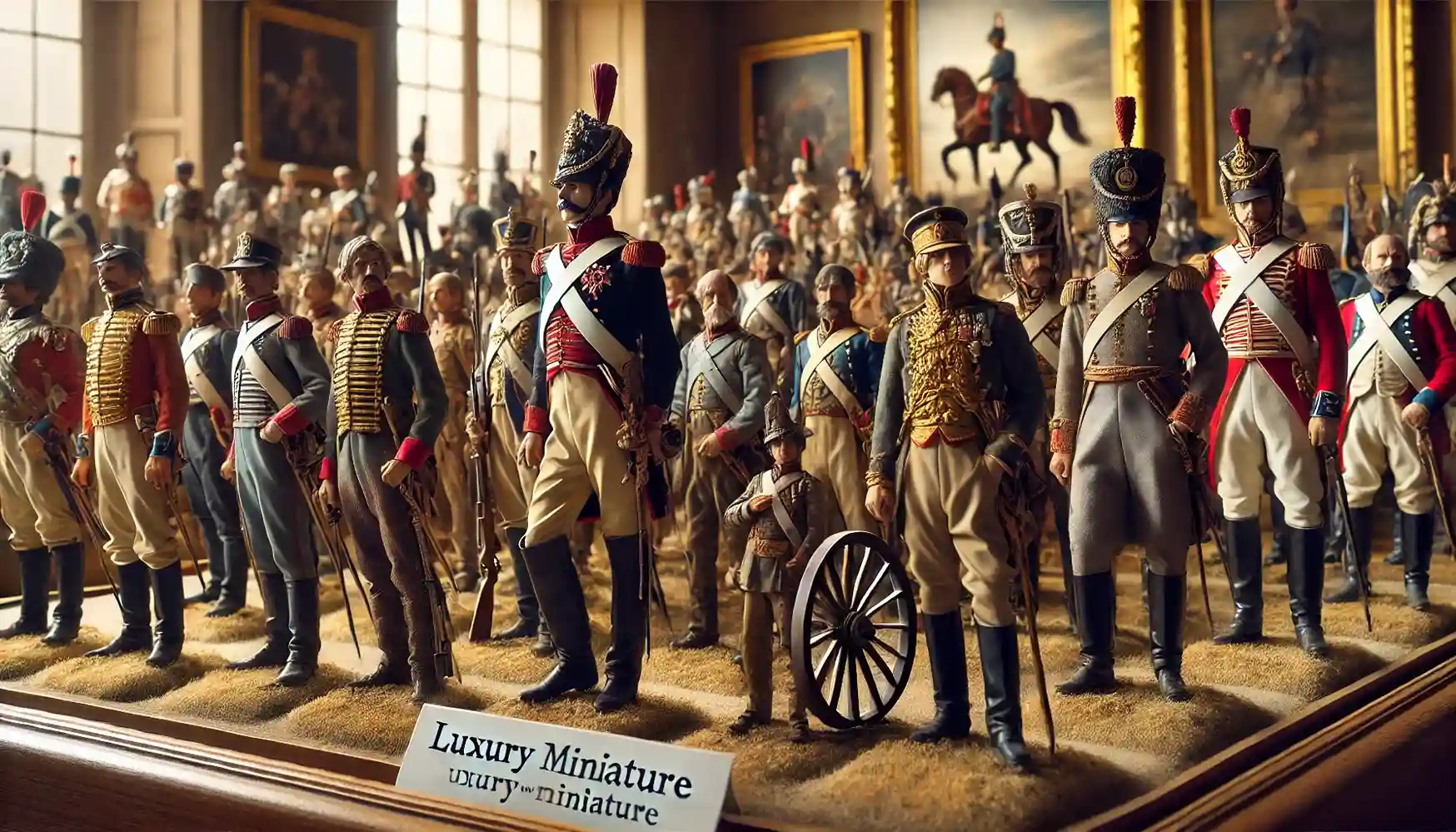 an intricately detailed luxury military miniature display, featuring figures from various historical periods.