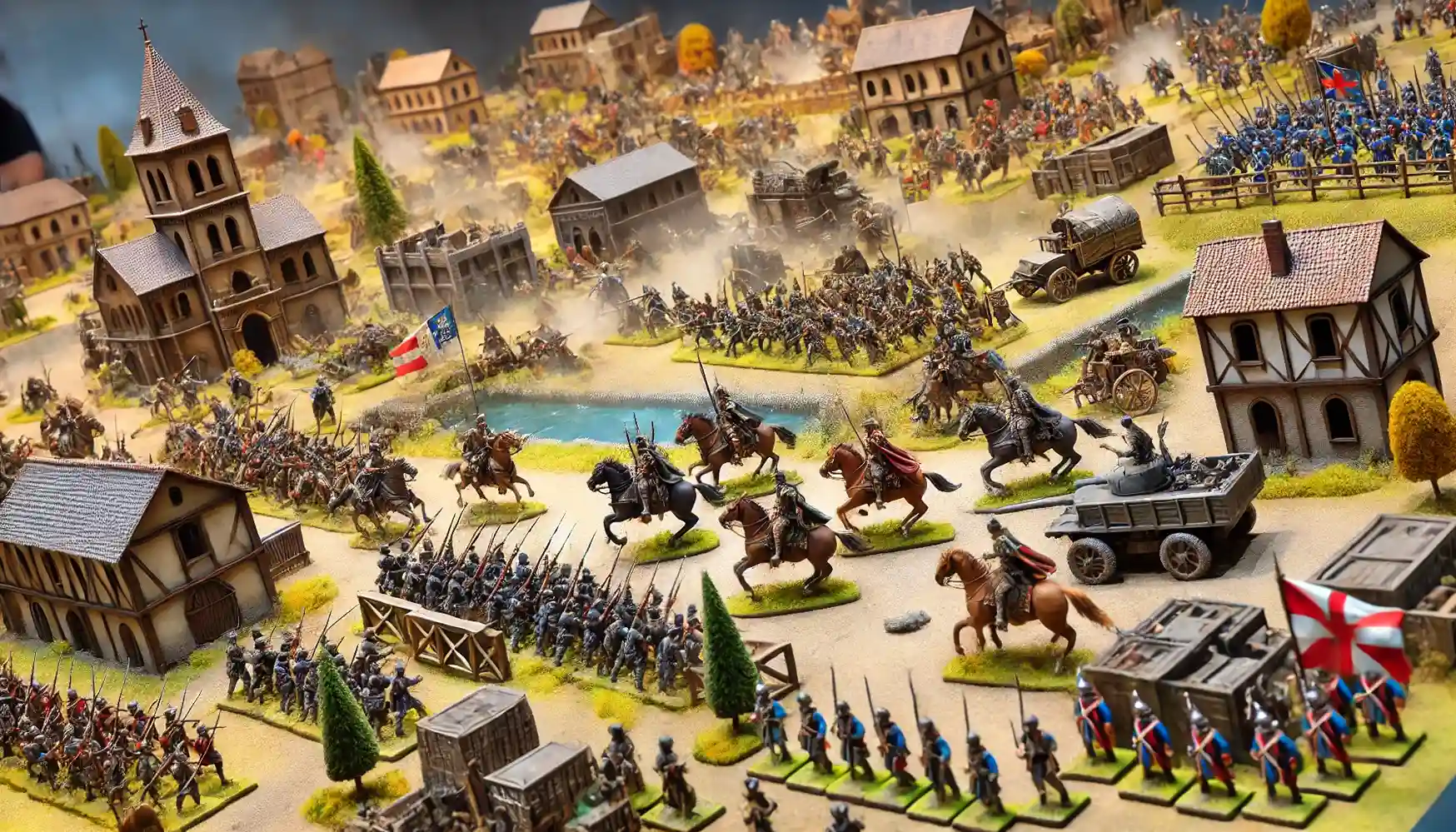 a vibrant tabletop wargaming scene with a variety of military miniatures from different eras, including medieval knights and modern soldiers, strategically placed on a detailed battlefield setup.