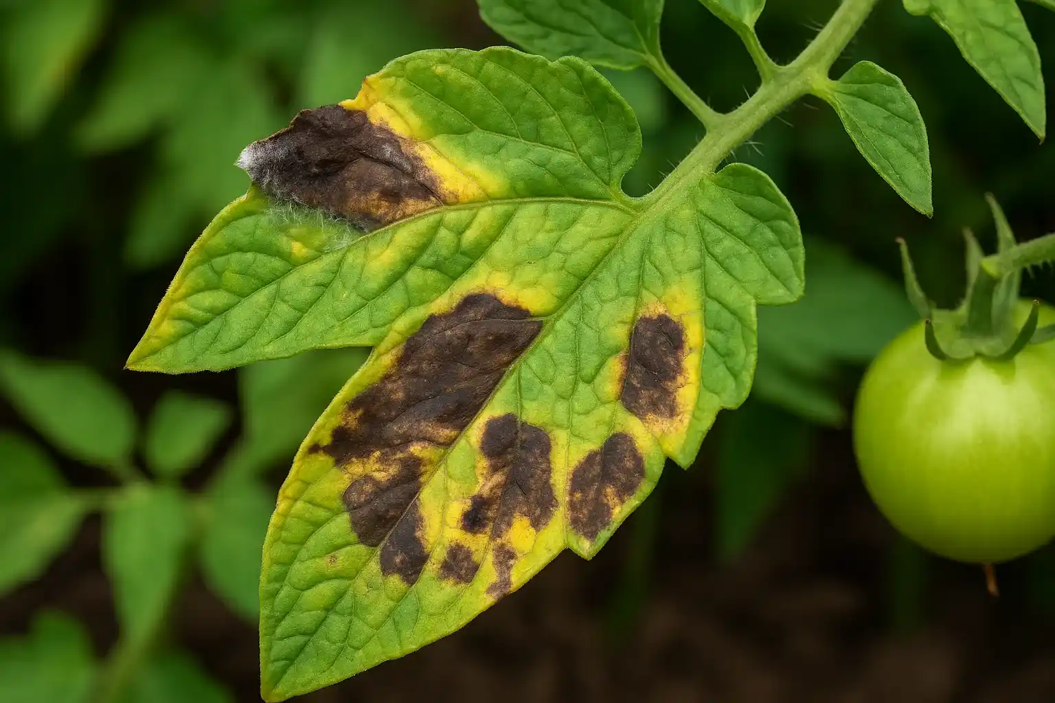 Close-up of a tomato leaf showing late blight infection, with large dark brown lesions surrounded by yellowing tissue and a patch of white fungal growth along the edges.