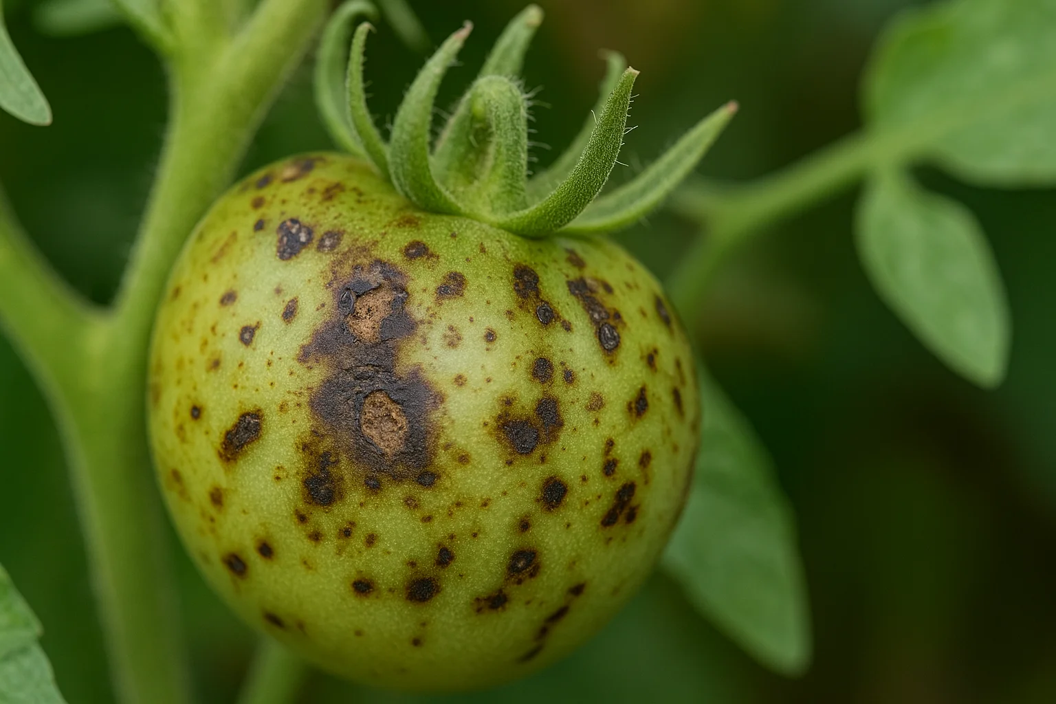 Close-up of a green tomato covered in bacterial speck lesions, with numerous small dark spots and several larger necrotic patches with yellowish halos.