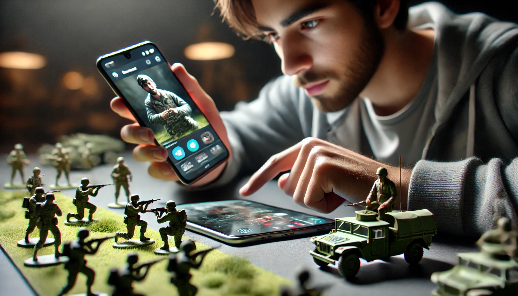 a man using a smartphone while sitting at a table with military miniatures of soldiers and vehicles. The person looks engaged and thoughtful.
