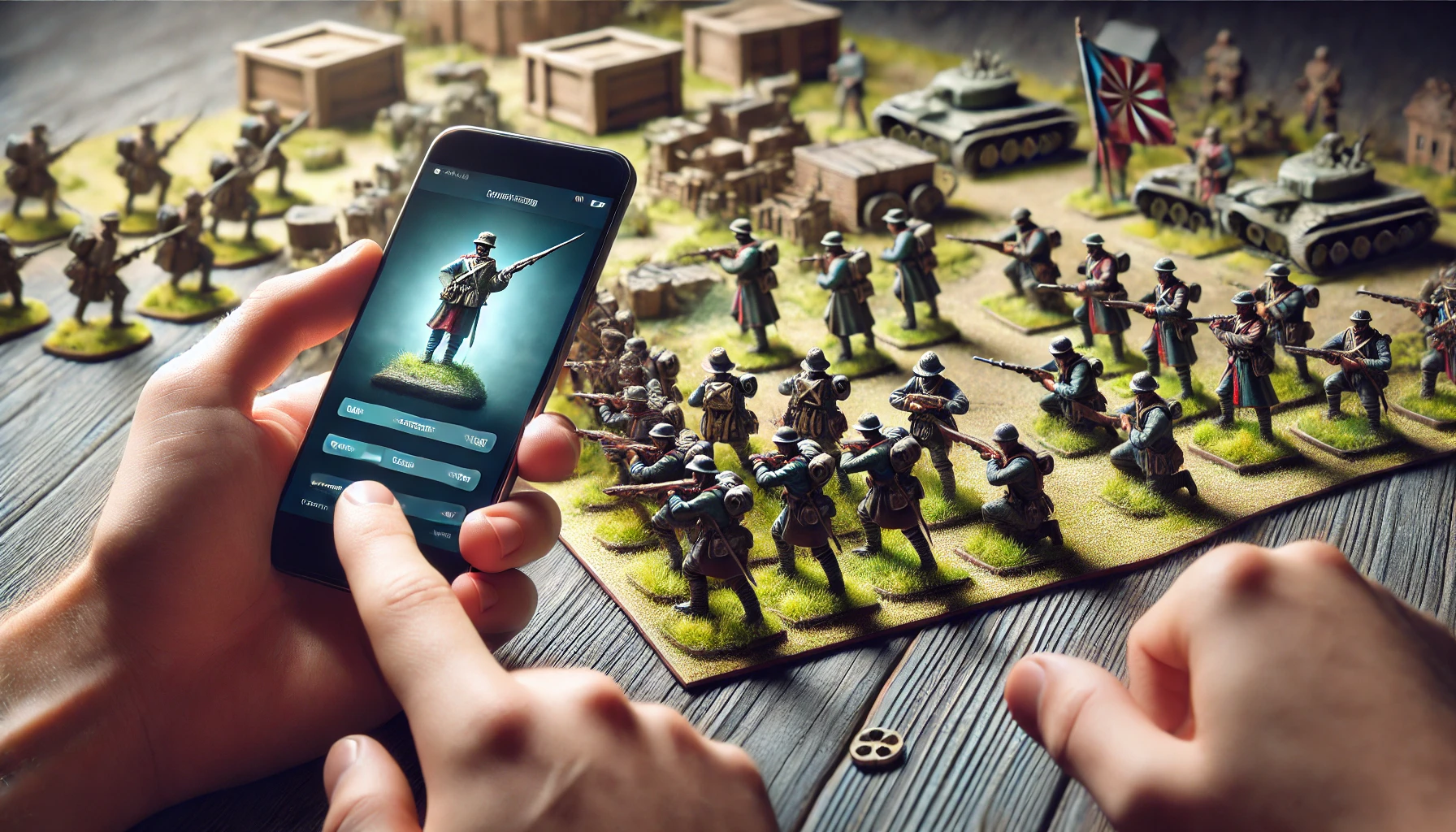 a group of detailed military miniatures on a tabletop battlefield. The scene includes a person using a smartphone, highlighting the interaction between historical gaming and modern technology.